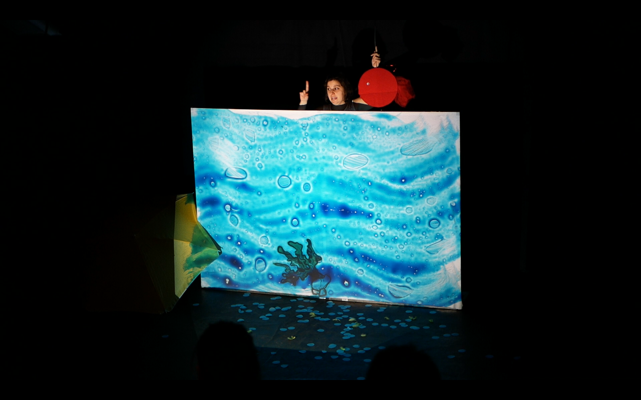 Chloé cherche une maison pour son poisson rouge. Grâce au rétroprojecteur, chacune de ses idées peut apparaître instantanément, être colorée et façonnée à sa guise, comme une page blanche qui prend vie.